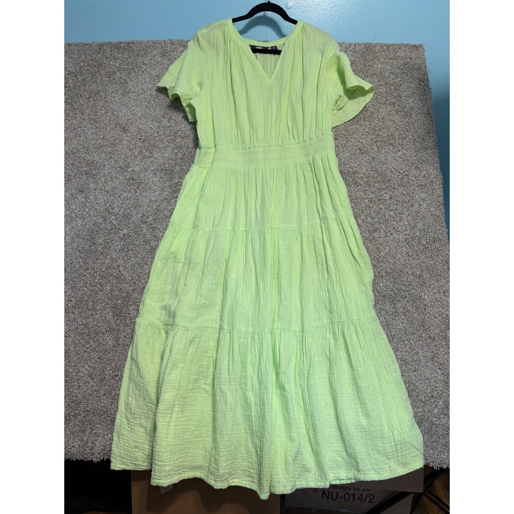 Lands End Tiered Maxi Dress Gauze Smocked Waist Women 1X Lime Green Short Sleeve